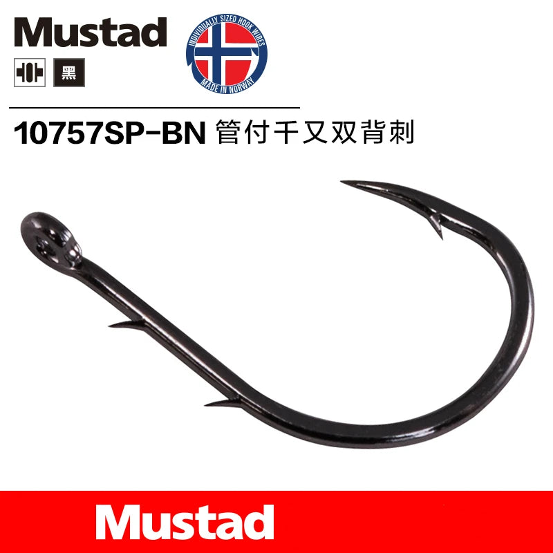 Mustad 10757 Carbon Steel Fishing Hook Barbed Hook Double Back Barbs 1#-9# Lure Hook Sea Fishing Peche Accessory Tackle Pesca