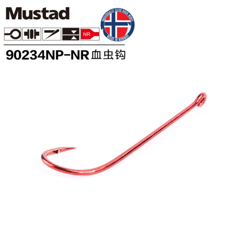 Original Mustad 90234 Np# Sea Fishing Hooks High Carbon Steel Barbed Hook Blood Worm Long Red Live Bait Hooks Conger Eel Hooks