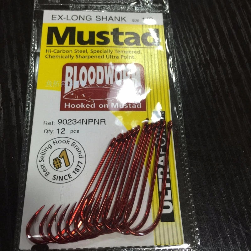 Original Mustad 90234 Np# Sea Fishing Hooks High Carbon Steel Barbed Hook Blood Worm Long Red Live Bait Hooks Conger Eel Hooks