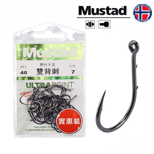 Mustad 10757 Carbon Steel Fishing Hook Barbed Hook Double Back Barbs 1#-9# Lure Hook Sea Fishing Peche Accessory Tackle Pesca