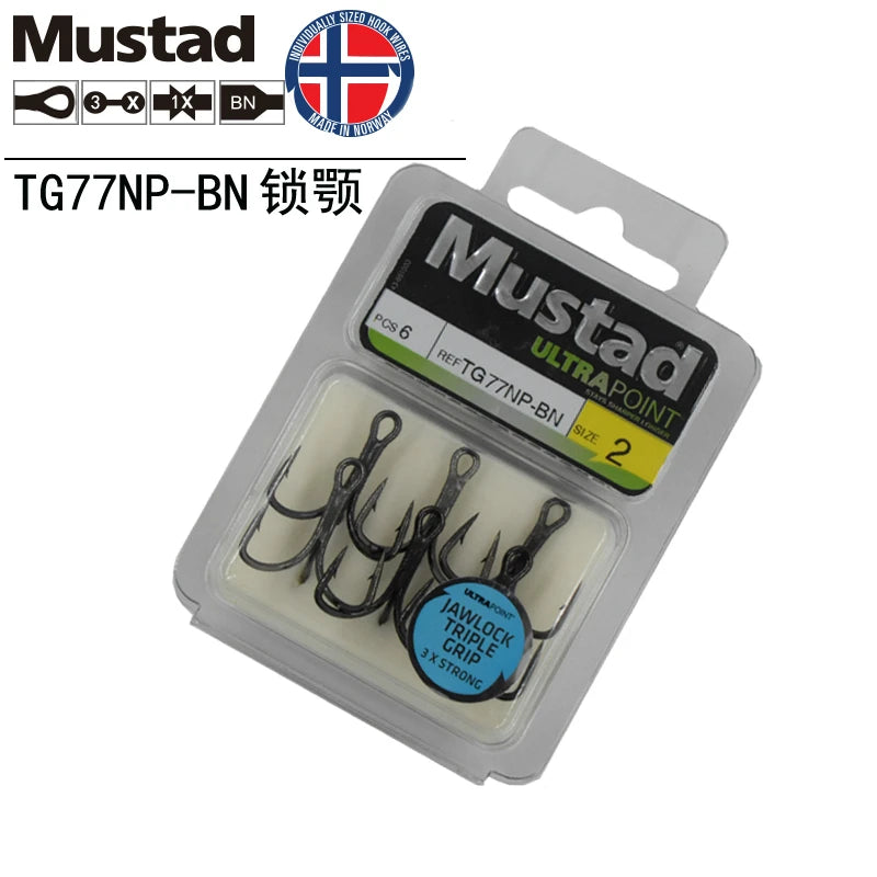 Mustad Norway treble hook TG77NP-BN high carbon steel hooks barbed jawlock hooks 3X strong lure ocean fishing anchor hook pesca
