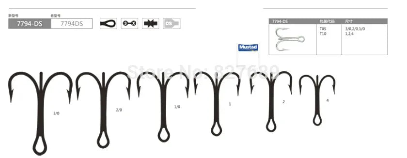 Mustad treble hooks sea fishing hooks 7794-ds # 3 x Bold 3 x strengthen DACROMET treated seawater resistant ocean hooks pesca